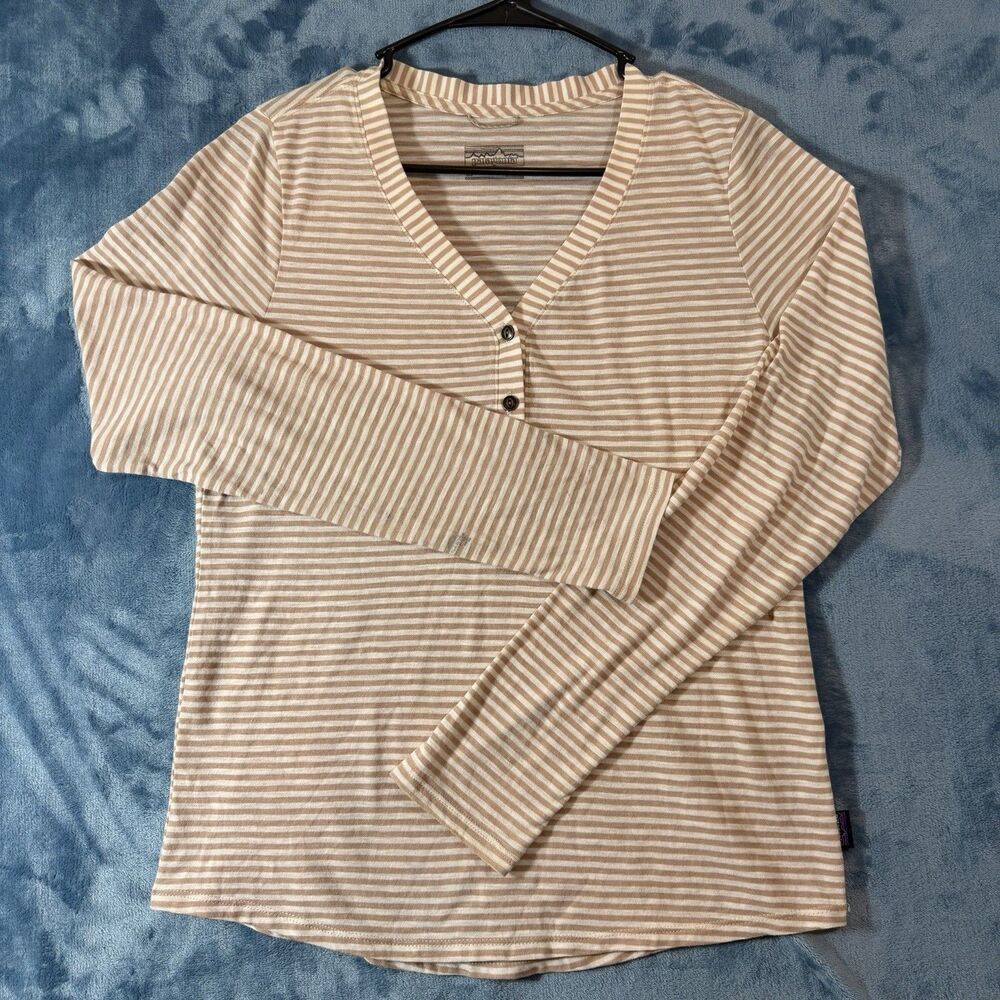 Patagonia Mainstay Henley Shirt Womens M Tan Striped Long Sleeve V-Neck 41805
